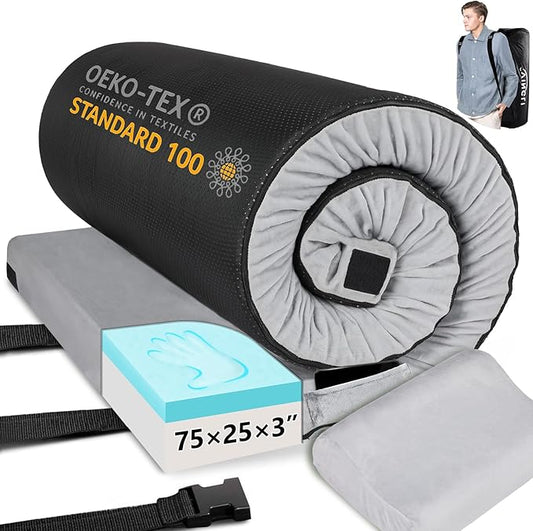 VINGLI 3 "Memory Foam Sleeping Pad Camping Mattress, Portable Floor Mattress Sleeping Mat Bed Roll Up for Guests Adult with Pillow & Phone Pocket