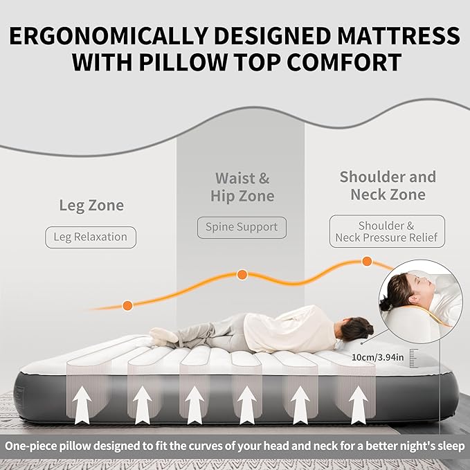 Naturehike Pillow Top Plush Narrow King Air Mattress with Rechargeable Built-in Electric Pump, Blow Up Bed with Annular Air Column Structure, Inflatable Airbed for Home, Camping, Guests