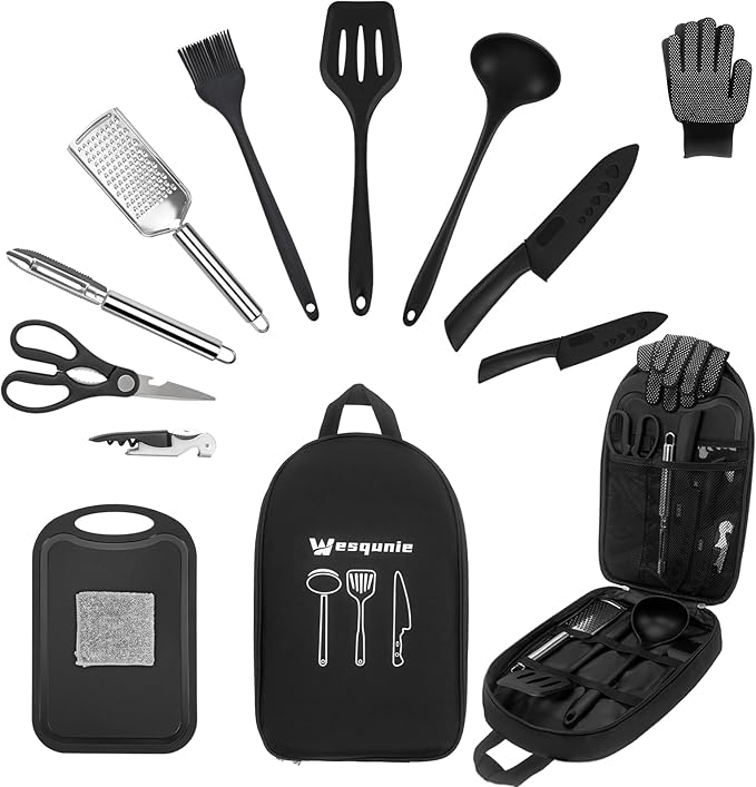 Camping Essentials Cookware Cooking Utensils Set - Portable Camp Kitchen Mess Kit Outdoor Accessories, Stainless Steel & Silicone, Camping Gear Equipment for RV Picnic Grill