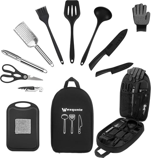 Camping Essentials Cookware Cooking Utensils Set - Portable Camp Kitchen Mess Kit Outdoor Accessories, Stainless Steel & Silicone, Camping Gear Equipment for RV Picnic Grill