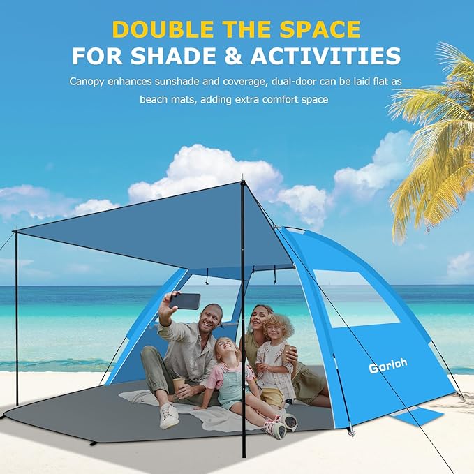 Gorich Beach Tent with Canopy - Easy Setup 3-8 Person Portable Sun Shelter, UPF 50+ UV Protection Sun Shade, Lightweight & Compact Beach Cabana for Family Travel