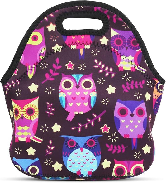 Violet Mist Neoprene Owl Lunch Bag Insulated Waterproof Lunch Bag Tote Cartoon Reusable Lunch Box Containers Food Carrying Lunch Handbags for Women men Work Thanksgiving Christmas Gift
