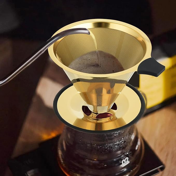 Pour Over Coffee Dripper Filter: Reusable Stainless Steel Coffee Filters - Metal Cone Filter Paperless Single Cup Coffee Maker 1-4 Cup with Double Mesh & Non-slip Cup Stand Gold