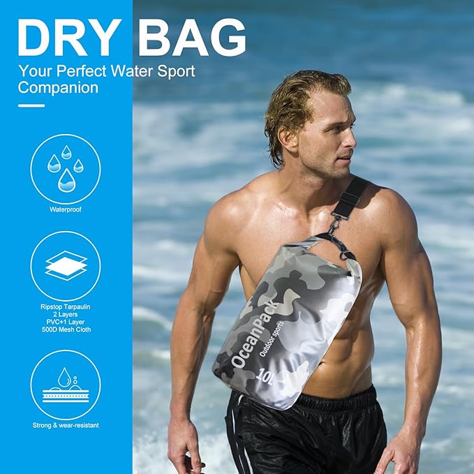 Waterproof Dry Bag 2L/5L/10L/20L/30L, Dry Sack for Kayaking Rafting Boating Beach Surfing Swimming, Camping, Hiking, Beach, Fishing Gray Backpack with Waterproof Phone Case