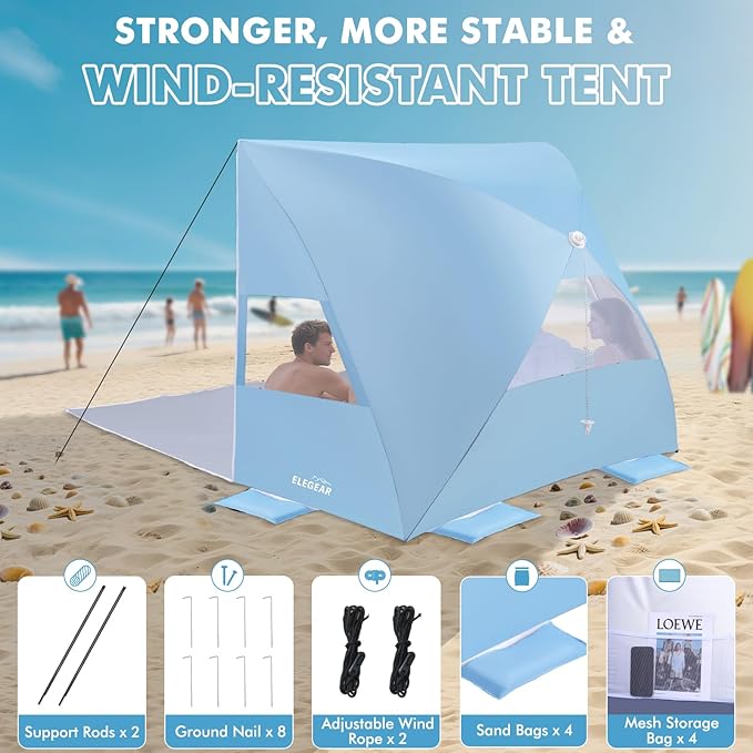 Elegear Beach Tent Sun Shelter for 4/5 Person, 1 Second Setup Pop Up Beach Tent with UPF 50+ UV Protection, Beach Umbrella Portable Double Silver Coating Beach Cabana Canopy Sun Shade Shelter - Blue