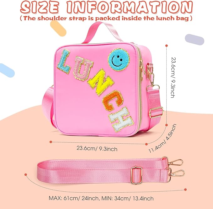 Insulated Lunch Bag Women Lunch Box Kids for Teen Girls Boys, Cute Preppy Lunch Boxes With Adjustable Shoulder Strap, Waterproof Nylon Lunchbox Lunch Bags for School Work Picnic (Pink)