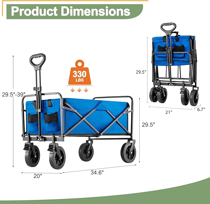 Collapsible Folding Wagon Cart with All-Terrain Wheels, Foldable Utility Cart with Adjustable Handle, Portable Grocery Shopping Cart on Wheels for Beach, Garden, Camping, Sports, Large Light Blue
