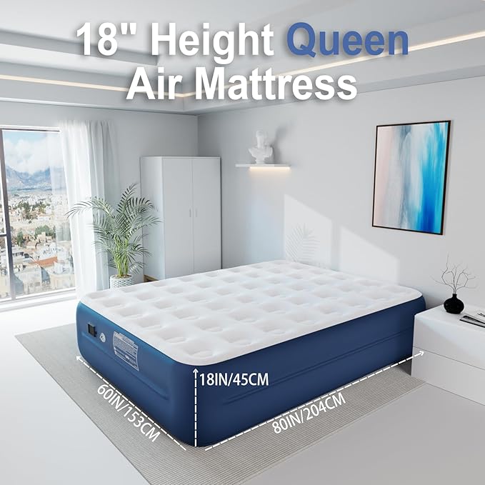 Air Mattress with Battery Pump, Rechargeable USB Electric Pump, Dutch Velvet Surface Self Inflatable Mattress Queen, Portable Air Bed for Camping, Indoor and Outdoor (18" Blue)