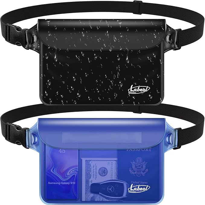 Labeol Waterproof Fanny Pack, 2 PCS Waterproof Pouch with Waist Strap, Fanny Pack to Keep Phone and Valuables Dry for Swimming Kayaking Boating Snorkeling