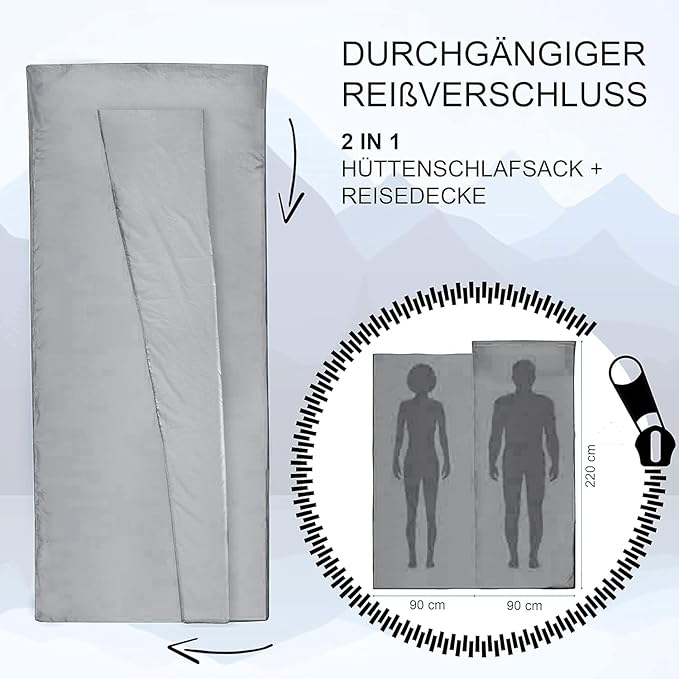 Sport 2-in-1 Sleeping Bag Liner and XL Sized Travel Sheet - Ultra Lightweight Sleep Liner Double Travel Bed Sheet - Inlett Inlay