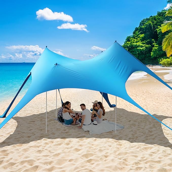 Beach Tent Sun Shelter,UPF 50+ Protection Sun Shade Canopy with 6 Sand Bags,4 Support Poles, Portable 13×20FT Outdoor Canopy Tent for Beach Camping,Fishing,Picnic (Light Blue)