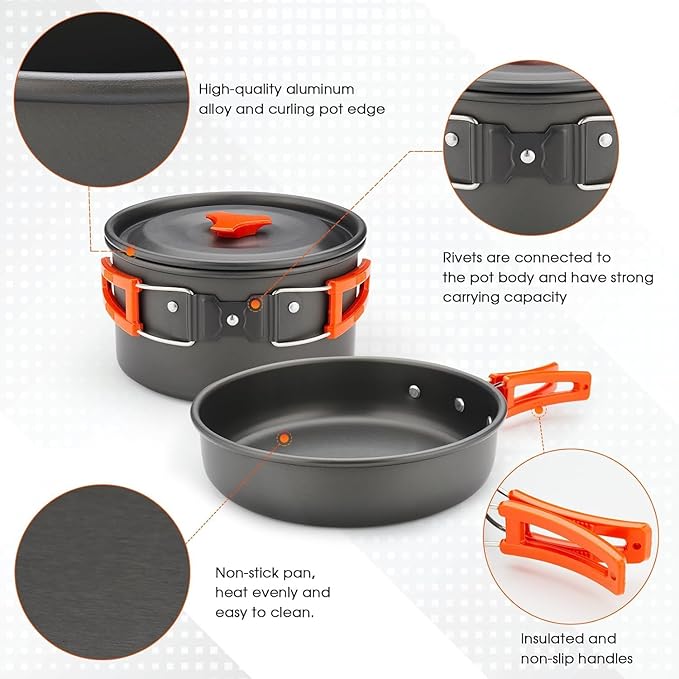 Camping Cookware Set, Non-Stick Lightweight Camping Pot and Pan Set with Stainless Steel Kettle Plates Spoon for Backpacking, Hiking, Outdoor Cooking and Picnic