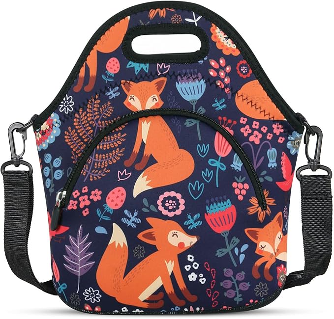 Violet Mist Neoprene Thermal Insulated Resuable Lunch Bag Tote Large with Extra Pocket Detachable Adjustable Shoulder Cute Fox Animal Cartoon Lunchbox Food Handbags Container for Women Christmas