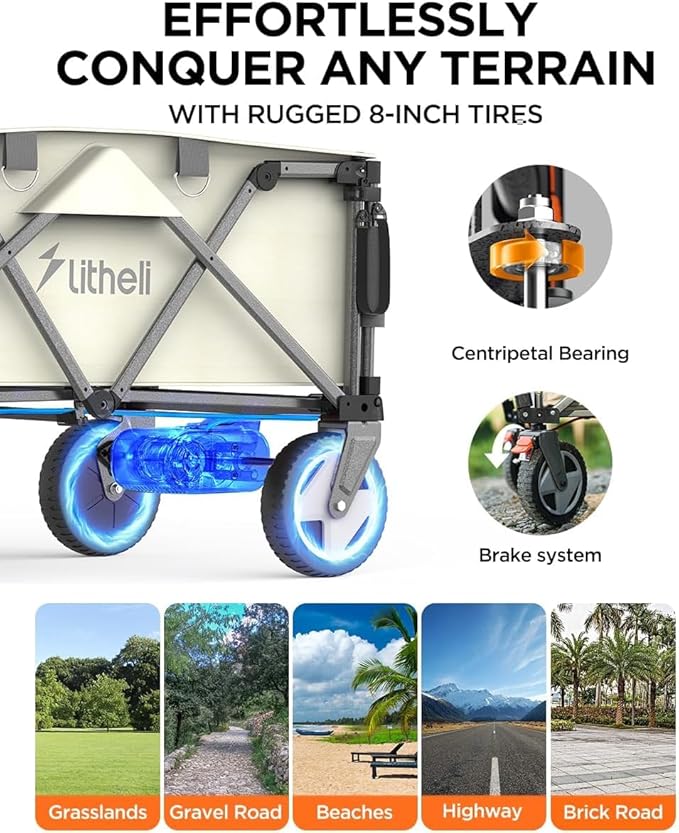 Litheli Electric Collapsible Wagon Cart, 200L Heavy Duty Utility Cart with All-Terrain Wheels, Beach Wagon with Self-Propelled, Variable Speed for Camping, Shopping, Sports, Garden, (1 U-Battery)
