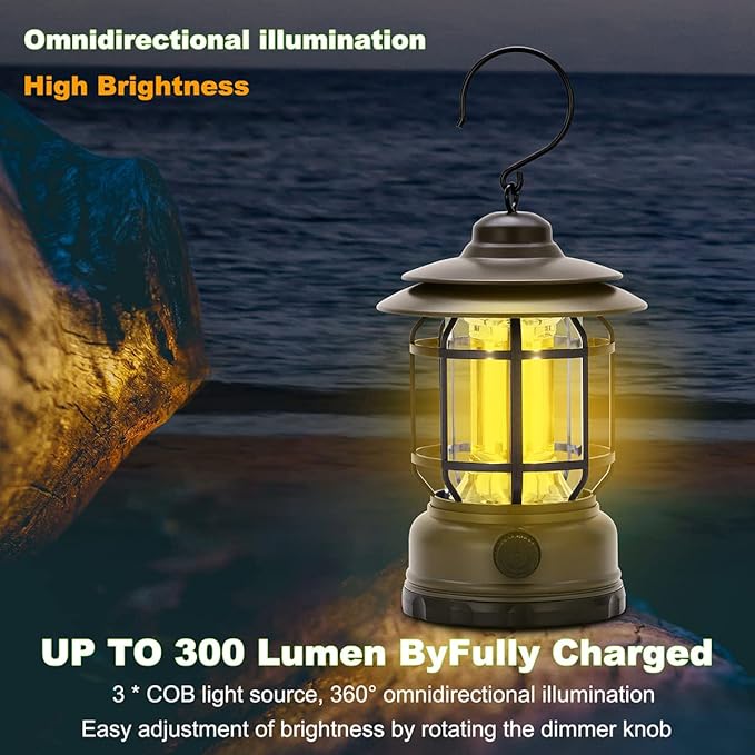 Camping Lanterns Rechargeable, Portable Electric LED Camping Lights Outdoor Hanging Tent Light Vintage Tabletop Lantern Decor Stepless Dimming Waterproof for Camping, Power Outages, Indoor (Green)