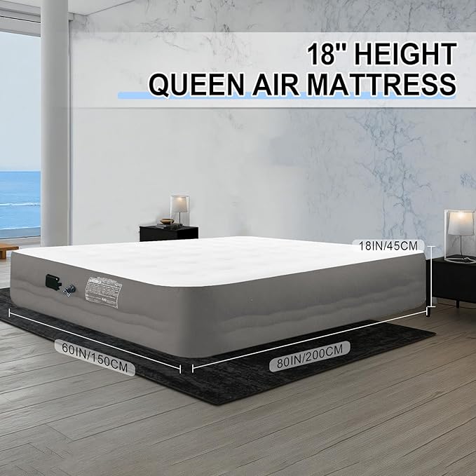 Queen Air Mattress with Built-in Pump-18"Heavy Duty Inflatable Mattress for Camping,Guest Bed&Emergency Use-Dutch Velvet Cloud Comfort,3-Min Fast Inflation,600lbs Support,Portable Blow Up Air Bed-Grey