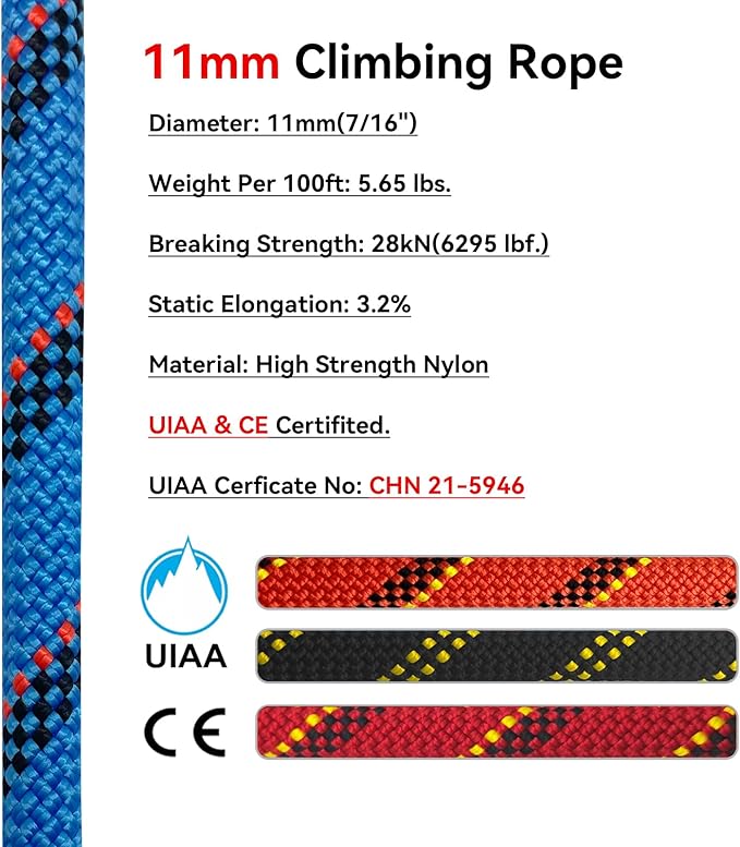Static Climbing Rope 11mm UIAA Static Line Rappelling Rope 60M (200ft) Nylon Kern Mantle Rope for Escape Rope Rock Climbing, Mountain Tree Climbing, Hauling, Rescue