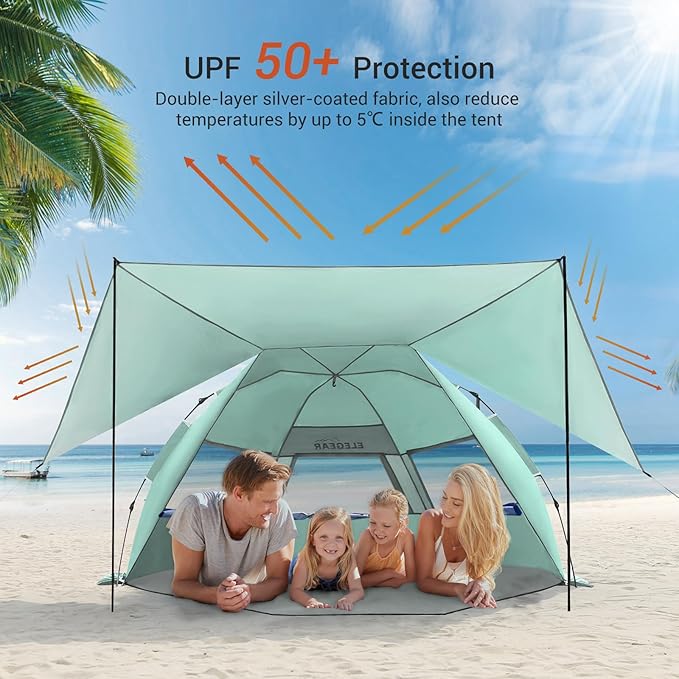 Elegear Beach Tent With 360 Removable Canopy, 4-6 Person Pop Up Sun Shade Shelter, UPF 50+ Automated Installation Double Silver Coating Portable Lightweight Cabana