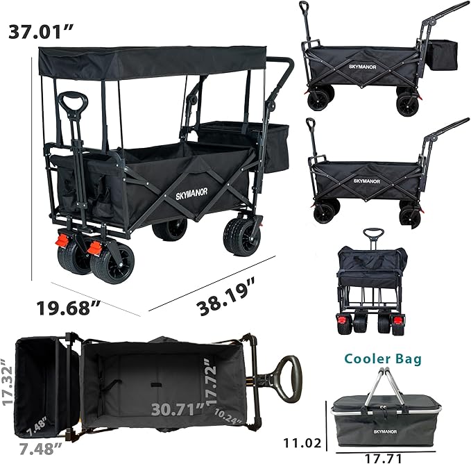 Collapsible Wagon Folding Garden Cart with Removable Canopy Utility Wagon Cart with All-Terrain Wheels Brake Beach Cart for Sand Heavy Duty Beach Wagon for Camping Shopping (Black)