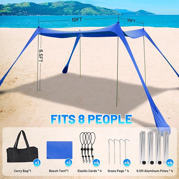 BOTINDO Family Beach Tent Canopy Sun Shade, Pop Up Grande Beach Tent Sun Shelter Stability 4 Poles with Portable Carry Bag Outdoor Shade for Fishing Backyard Camping (Blue, 10x10FT 4Pole)