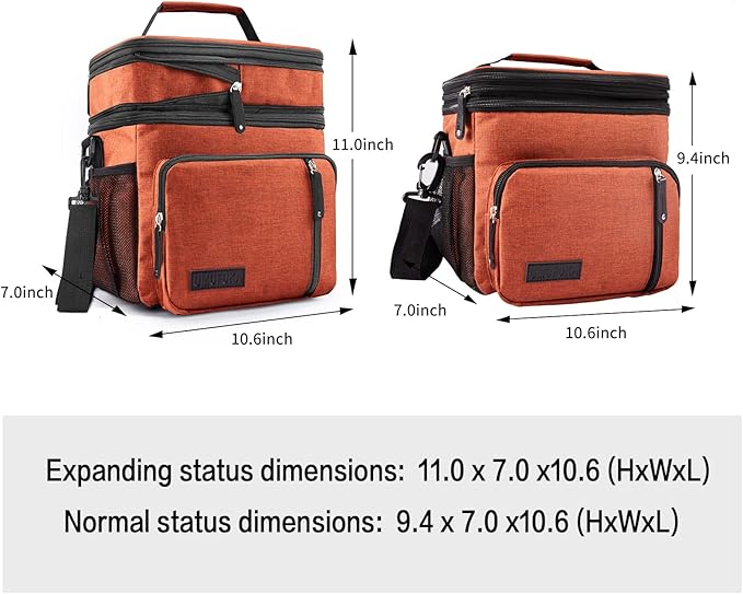 Men's Double/Women's Compartment Lunch bag, Insulated Lunch Cooler Tote 2 Roomy Large Reusable Water-resistant Lunch box (Orange)