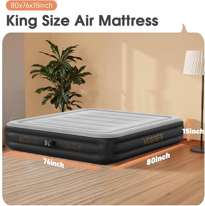 King Air Mattress with Built in Pump,15''Blow up Mattress 2 Mins Self-Inflation/Deflation,Thicker Inflatable Mattress Leak-Proof,Flocked Top Air Bed with Storage Bag for Home, Camping & Guests