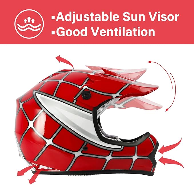 TCT-MOTORPARTS DOT Youth Motorcycle Four Wheeler Riding Racing Helmet Kids Motocross ATV Helmets Offroad Street Dirt Bike Go-Kart BMX MX Full Face Helmet Red Spider Medium Size