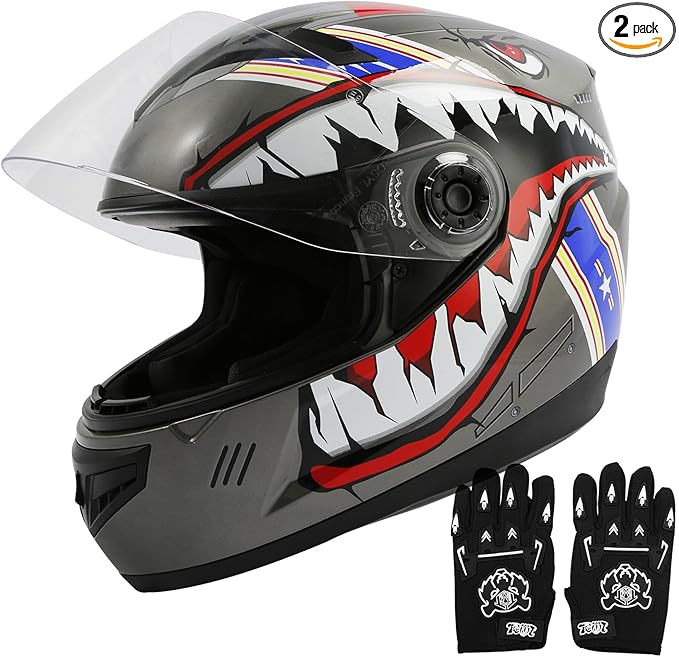 TCT-MOTORPARTS DOT Youth Kids Helmet Motocross ATV Full Face Helmets for Offroad Street Dirt Bike Go-Kart BMX MX Gray Shark Mouth X-Large