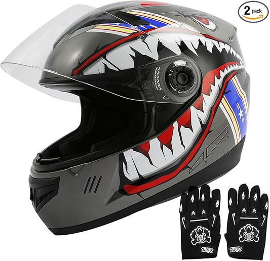 TCT-MOTORPARTS DOT Youth Kids Helmet Motocross ATV Full Face Helmets for Offroad Street Dirt Bike Go-Kart BMX MX Gray Shark Mouth X-Large