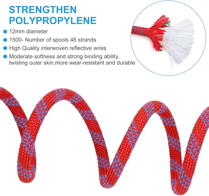 10mm/12mm Climbing Rope, Outdoor Static Rock Climbing Rope, Tree Climbing Rappelling Rope, Escape Nylon Rope, Ice Climbing Equipment Fire Rescue Parachute Rope with 2 Steel Hooks