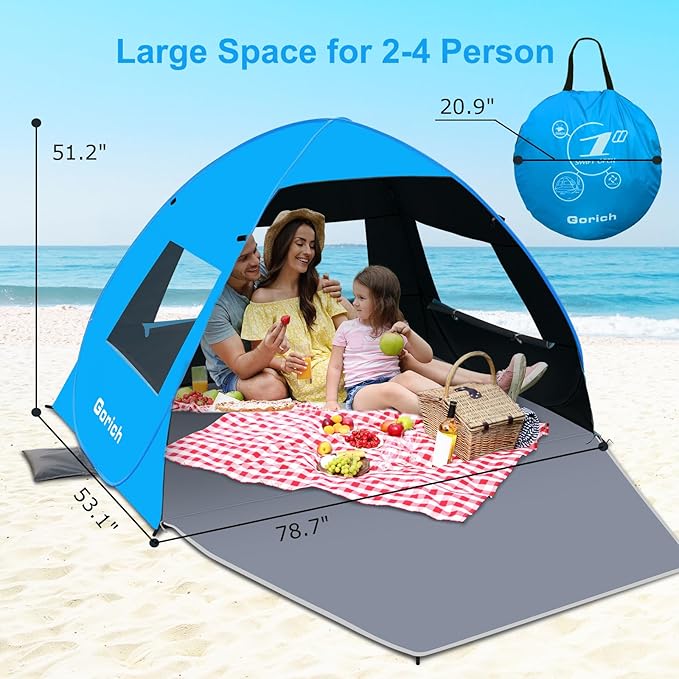 Gorich Easy Pop Up Beach Tent for 3-4 Person, UPF 50+ UV Protection Beach Umbrella Sun Shelter, Portable Lightweight Cool Cabana Shade with Easy Foldable & Instant Setup