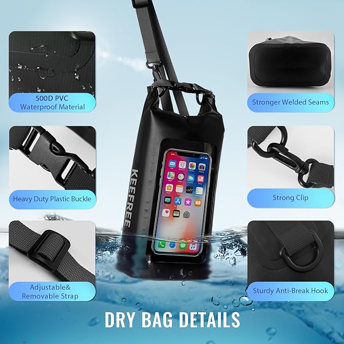 Waterproof Dry Bag,Roll Top Waterproof Backpack Phone Case Pouch for Travel,Kayaking,Rafting,Camping,Surfing,Boating,Hiking,Beach and Fishing (2 L Black+Black)