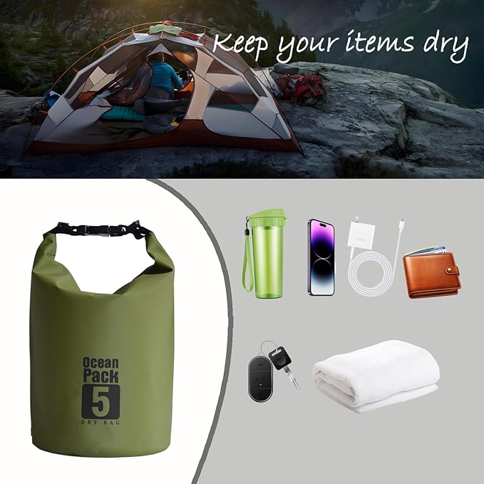 Floating Waterproof Dry Bag Backpack 5L/10L/20L, Roll Top Bag for Kayaking, Rafting, Boating, Swimming, Camping, Hiking, Beach, Fishing, Waterproof Beach Bag. (Forest green, 5L)
