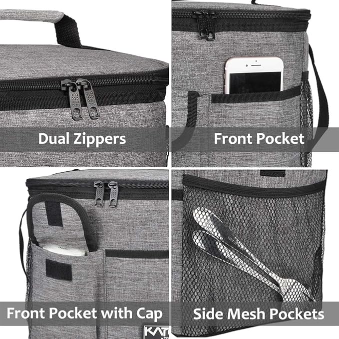 Tirrinia Large Insulated Lunch Bag for Women Men, 10L Leakproof Thermal Reusable Lunch Box for Adult, Tall Meal Prep Lunch Cooler Tote with 4 Pockets for Office Work