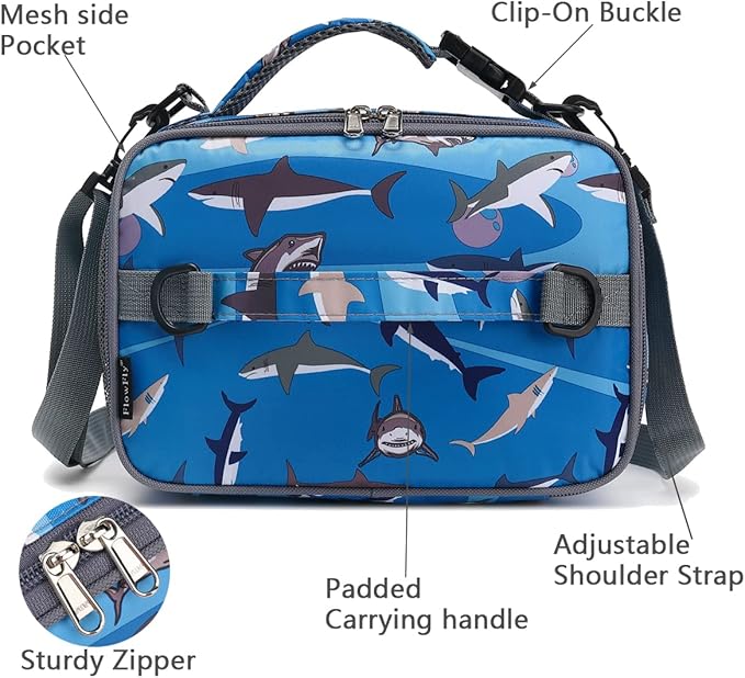 FlowFly Kids Lunch Bag, Durable Insulated School Lunch Box with Shoulder Strap and Bottle Holder, Water-resistant Thermal Small Lunch Cooler Tote for Teen Boys & Girls,Shark