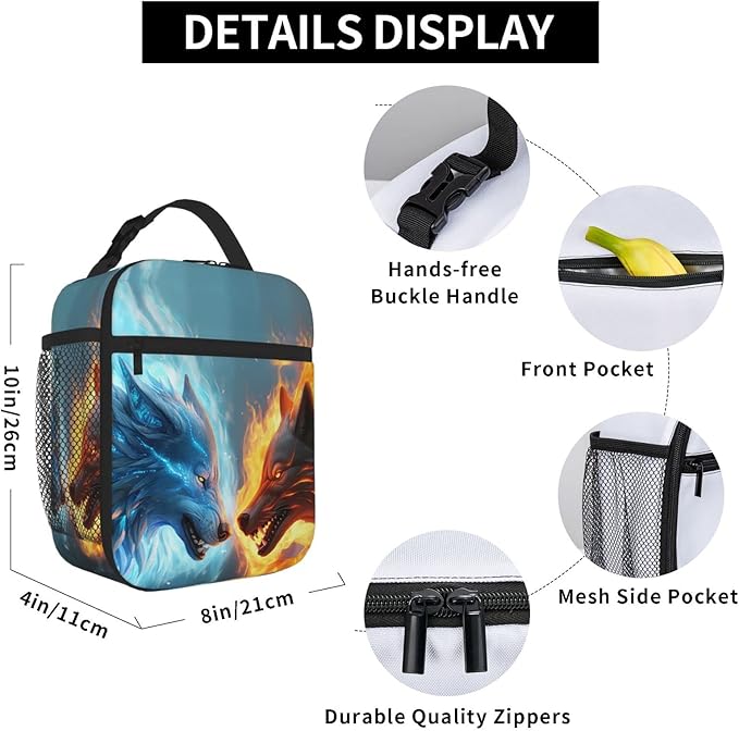 SARA NELL Wolf Insulated Lunch Bag Cool Ice and Fire Wolf Lunch Cooler Box for Women Men Teens Kids, Reusable Lunch Tote Bag, Leakproof Insulated Lunch Bags for Work, Picnic, School or Travel