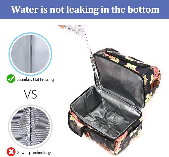 LOKASS Lunch Bag Women Double Deck Insulated Lunch Box Large Cooler Tote Bag with Removable Shoulder Strap Wide Open Thermal Meal Prep Lunch Organizer Box for Adults Work/Outdoor, Black Peony