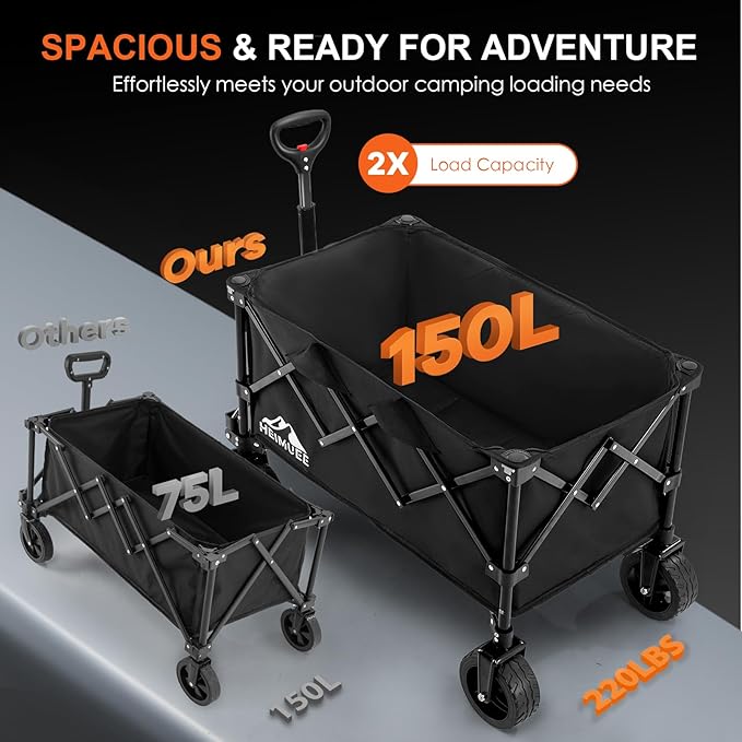 150L Wagon Cart Foldable, Heavy Duty Collapsible Utility Wagon with 220lbs Capacity, All-Terrain Beach Wheels, Portable Garden Cart for Camping, Sports, Outdoor, Shopping, Black