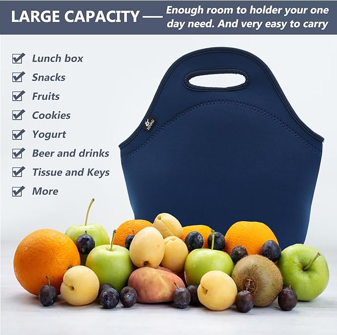LOVAC Neoprene Lunch Bag, Thick Insulated Lunch Bag - Durable & Waterproof Lunch Tote With Zipper For Outdoor Travel Work (Blue)