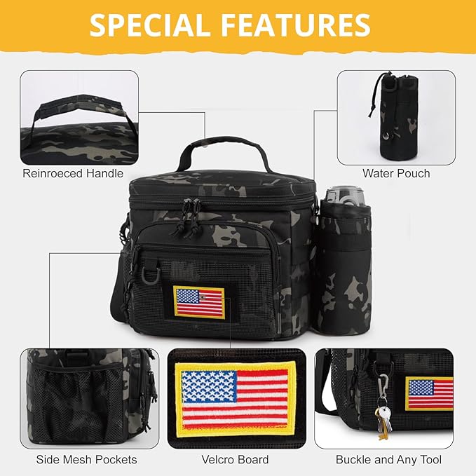 Tactical Reusable Lunch Bag for Men/Women - Insulated Lunch Box Leakproof Lunch Pail Freezable with Adjustable Shoulder Strap,Lunch Cooler Bag for Work Office Picnic Beach，Black Camo