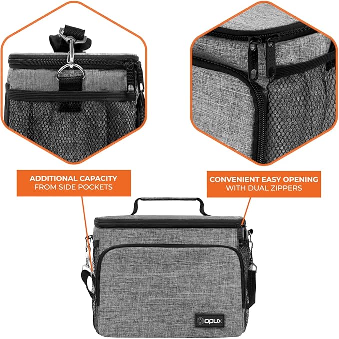 opux Insulated Lunch Bag for Men Women, Soft Lunch Box for Office Work School Picnic, Leakproof Lunch Cooler Bag with Shoulder Strap for Kid Adult Boy Girl, Medium Lunchbox Lunch Tote (Heather Gray)