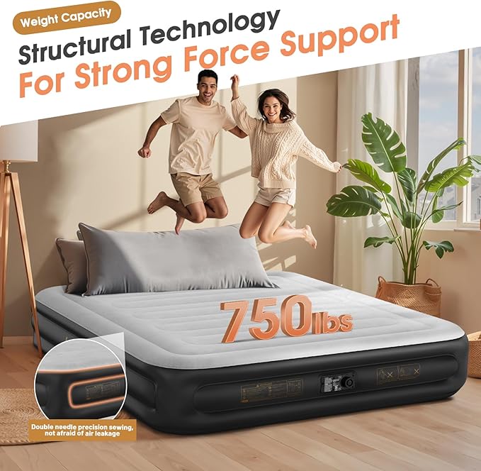 King Air Mattress with Built in Pump,15''Blow up Mattress 2 Mins Self-Inflation/Deflation,Thicker Inflatable Mattress Leak-Proof,Flocked Top Air Bed with Storage Bag for Home, Camping & Guests