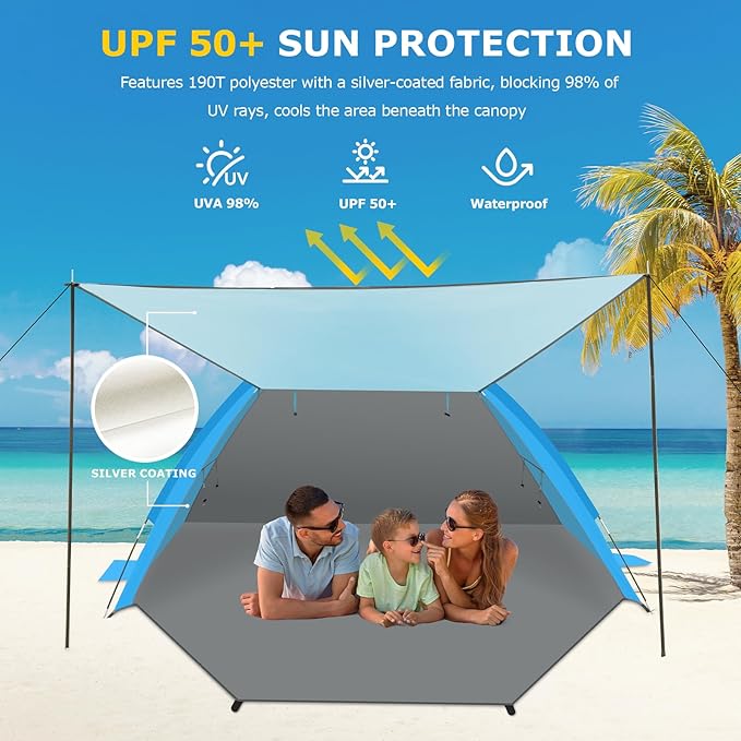 Gorich Beach Tent with Canopy - Easy Setup 3-8 Person Portable Sun Shelter, UPF 50+ UV Protection Sun Shade, Lightweight & Compact Beach Cabana for Family Travel