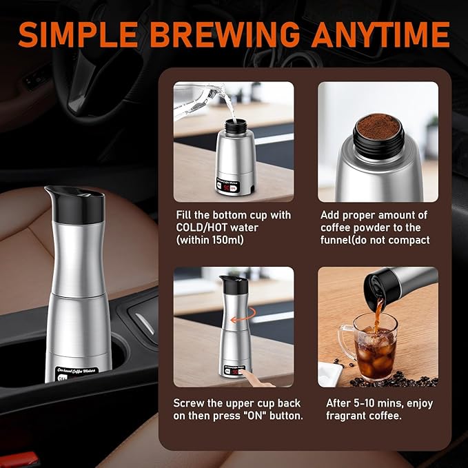 12V Coffee Maker for Car, Portable Coffee Maker with 24V for Truck, Stainless Steel Self-Heating 150ml Car Espresso Machine for Camping, RV, Travel