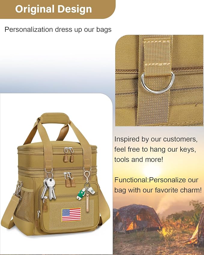 Double Deck Insulated Lunch Box, Expandable Large Lunch Bag Leakproof Cooler Bag Lunch Pail for Men Women Adults Work Shifts Travel Daytrip, Brown