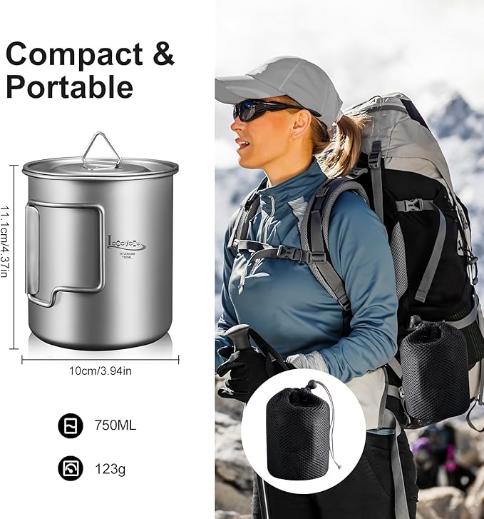 Titanium Pot with Lid, Lightweight Camping Pot with Foldable Handles, Portable Titanium Cooking Pot, Backpacking Pot Titanium Cookware with Carry Bag