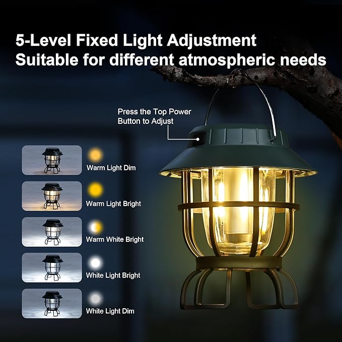 LED Camping Lantern Solar Panel and Type-C Rechargeable Tent Lanterns for Power Outages 5 Fixed Lights Models IPX4 Waterproof Hanging for Fishing Picnics Hiking Patio Garden Travel, Green