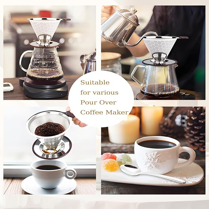 Pour Over Coffee Dripper 1-4 Cup 800 Mesh Inner Mesh ClothReusable Pour Over Filter Stainless Steel Filte for Home Travel Office Easy to Clean Paperless pour over maker Perfect for Father's Day gifts