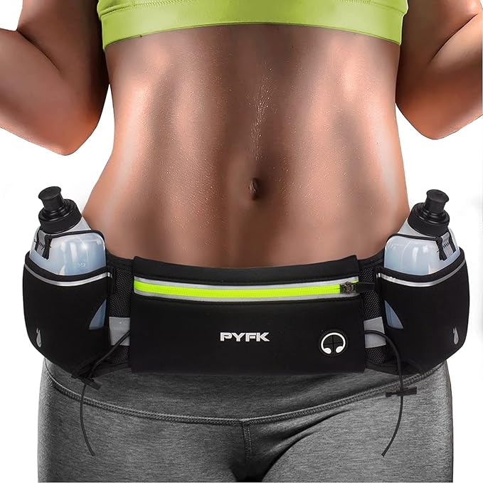 PYFK Upgraded Running Belt with Water Bottles, Hydration Belt for Men and Women, Water Bottle Holder Running Pouch Belt, Fanny Pack Fits 7 inches Phones, Waist pack for Running Hiking Climbing