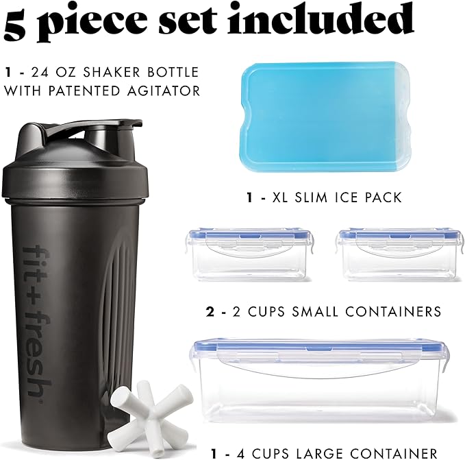 Fit & Fresh BREE FitPak Meal Prep Lunch Box With Containers, Ice Pack, and Shaker Bottle For Men and Women, 6pc. Meal Prep Kit Lunch Bag With Containers Included, Black